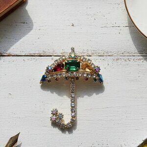 Goldtone J Brooch Multicolor Gemstones Umbrella
